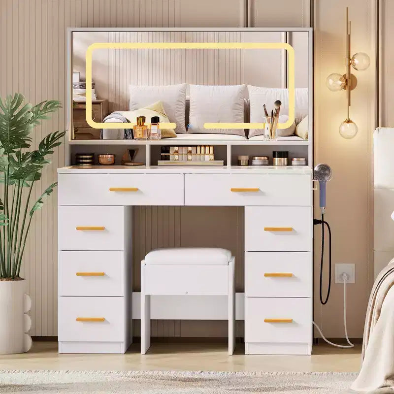 Acekool 42 Glass Top Makeup Vanity Desk with Mirror, 8 Drawers & Stool for Bedroom
