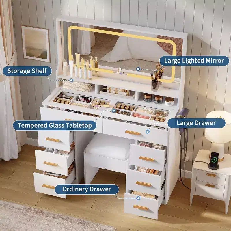 Acekool 42 Glass Top Makeup Vanity Desk with Mirror, 8 Drawers & Stool for Bedroom