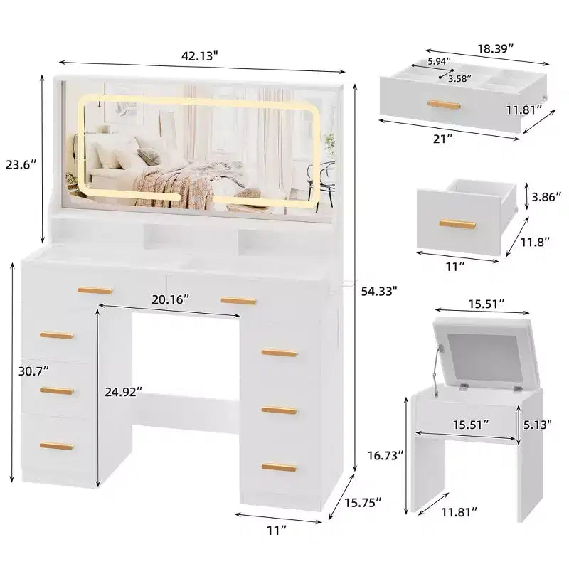 Acekool 42 Glass Top Makeup Vanity Desk with Mirror, 8 Drawers & Stool for Bedroom