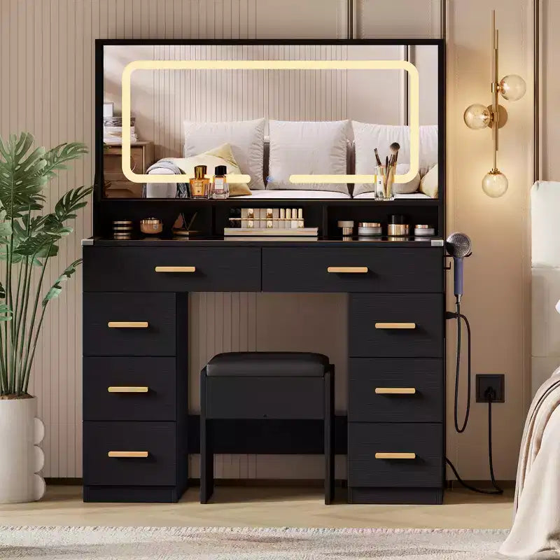 Acekool 42 Glass Top Makeup Vanity Desk with Mirror, 8 Drawers & Stool for Bedroom