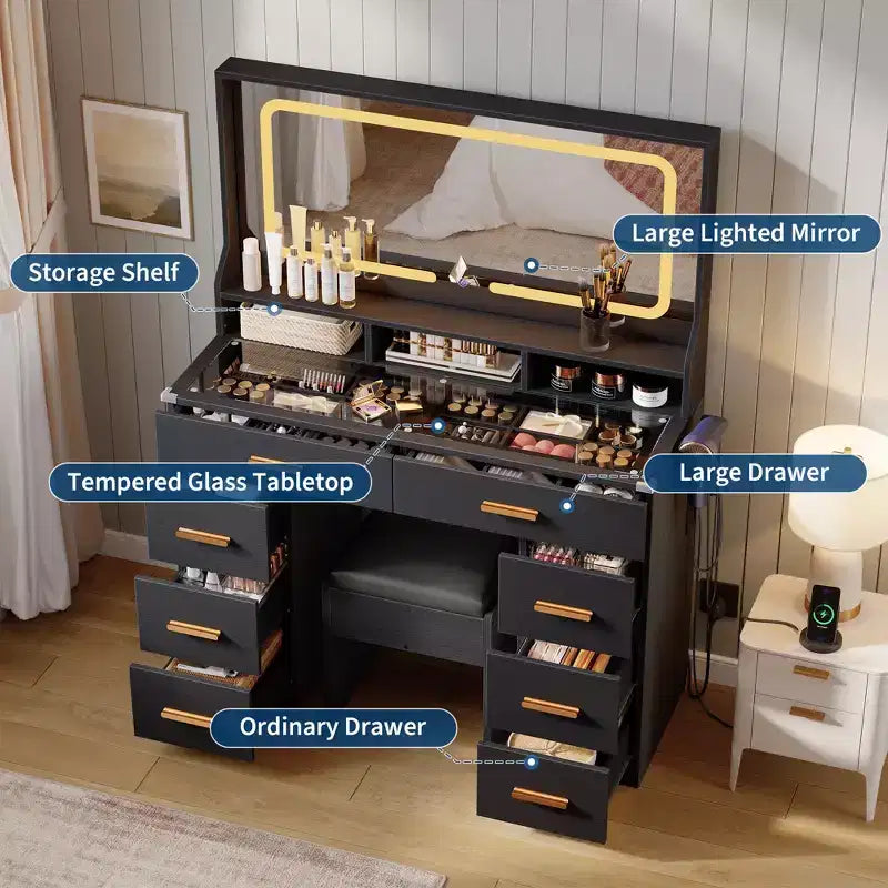 Acekool 42 Glass Top Makeup Vanity Desk with Mirror, 8 Drawers & Stool for Bedroom