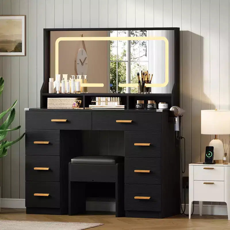 Acekool 42 Glass Top Makeup Vanity Desk with Mirror, 8 Drawers & Stool for Bedroom