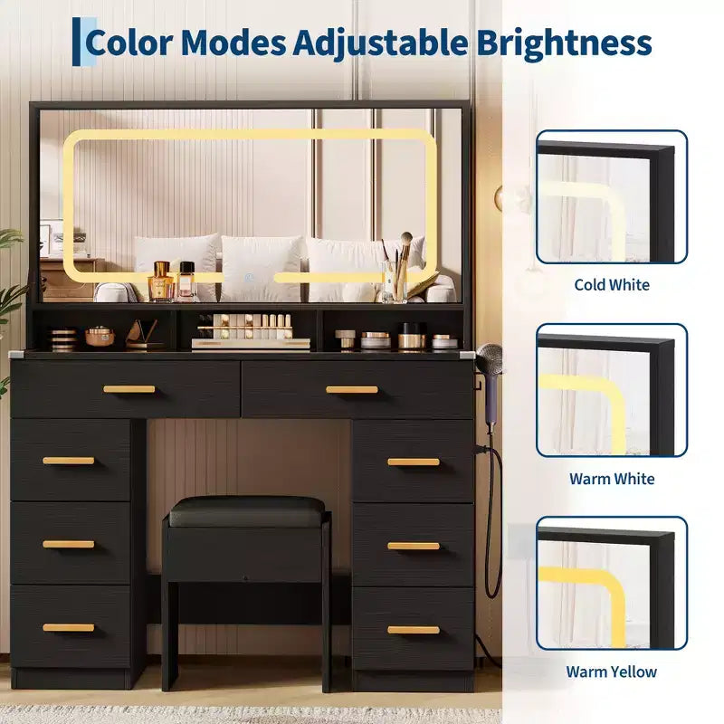 Acekool 42 Glass Top Makeup Vanity Desk with Mirror, 8 Drawers & Stool for Bedroom