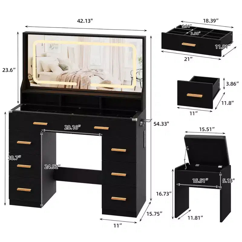 Acekool 42 Glass Top Makeup Vanity Desk with Mirror, 8 Drawers & Stool for Bedroom