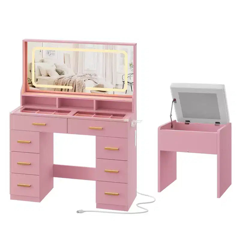 Acekool 42 Glass Top Makeup Vanity Desk with Mirror, 8 Drawers & Stool for Bedroom