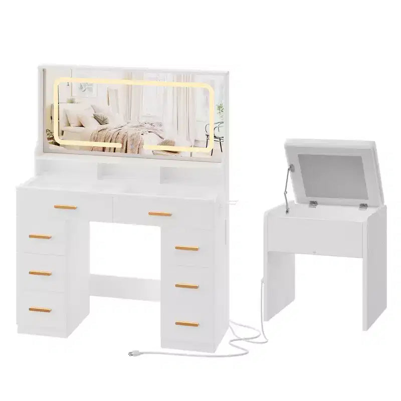 Acekool 42 Glass Top Makeup Vanity Desk with Mirror, 8 Drawers & Stool for Bedroom