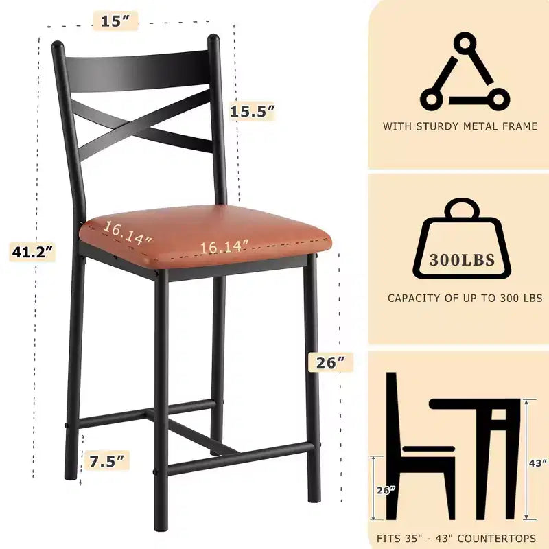 Bar Stools Set of 2, Counter Height Bar Chairs with Back, Thick Cushion & PU Leather, Upholstered Dining Chairs for Kitchen Island, Bar, Dining Room