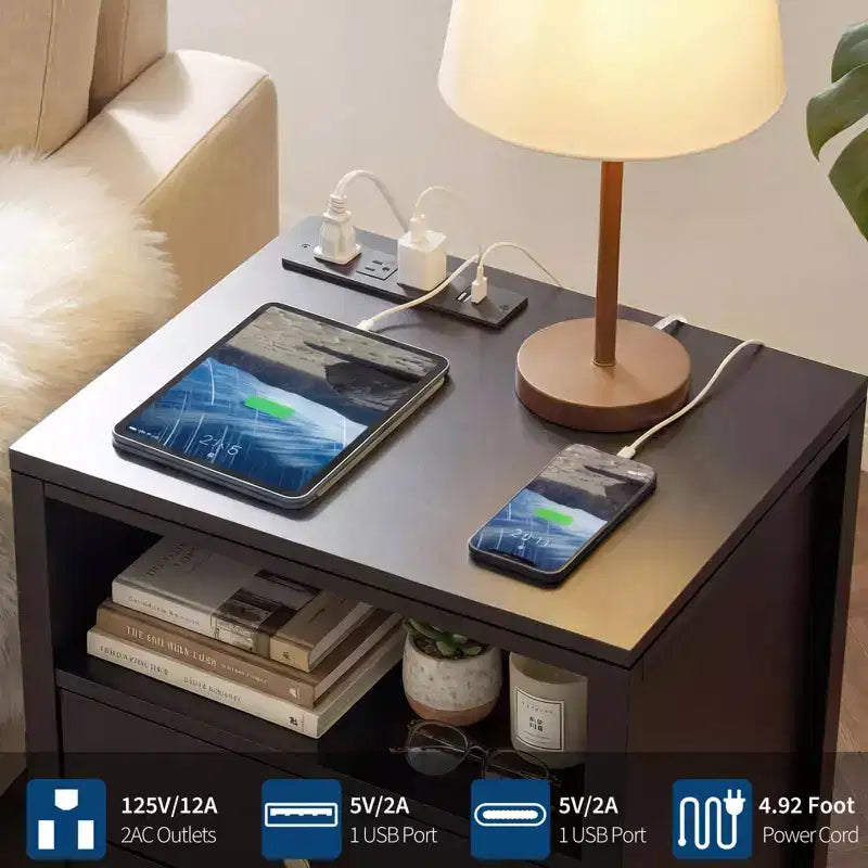 Black Nightstand with Charging Station, 2 Drawers & Open Shelf, Modern Wood Bedside Table with Metal Knobs for Bedroom/Living Room/Office