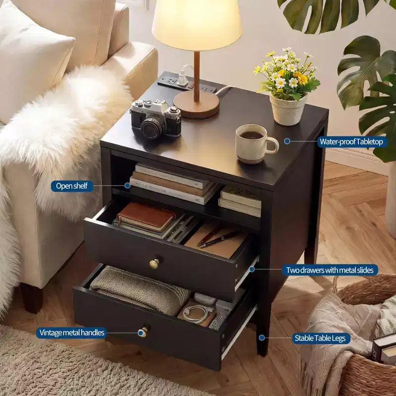 Black Nightstand with Charging Station, 2 Drawers & Open Shelf, Modern Wood Bedside Table with Metal Knobs for Bedroom/Living Room/Office
