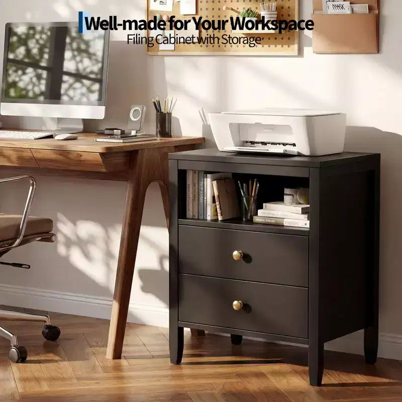 Black Nightstand with Charging Station, 2 Drawers & Open Shelf, Modern Wood Bedside Table with Metal Knobs for Bedroom/Living Room/Office