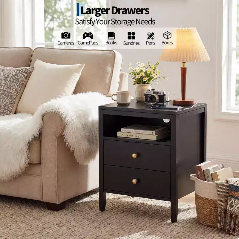Black Nightstand with Charging Station, 2 Drawers & Open Shelf, Modern Wood Bedside Table with Metal Knobs for Bedroom/Living Room/Office