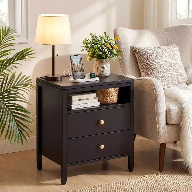 Black Nightstand with Charging Station, 2 Drawers & Open Shelf, Modern Wood Bedside Table with Metal Knobs for Bedroom/Living Room/Office