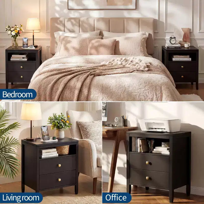 Black Nightstand with Charging Station, 2 Drawers & Open Shelf, Modern Wood Bedside Table with Metal Knobs for Bedroom/Living Room/Office