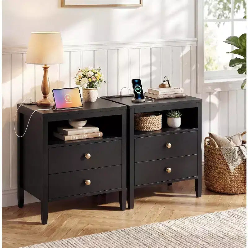 Black Nightstand with Charging Station, 2 Drawers & Open Shelf, Modern Wood Bedside Table with Metal Knobs for Bedroom/Living Room/Office