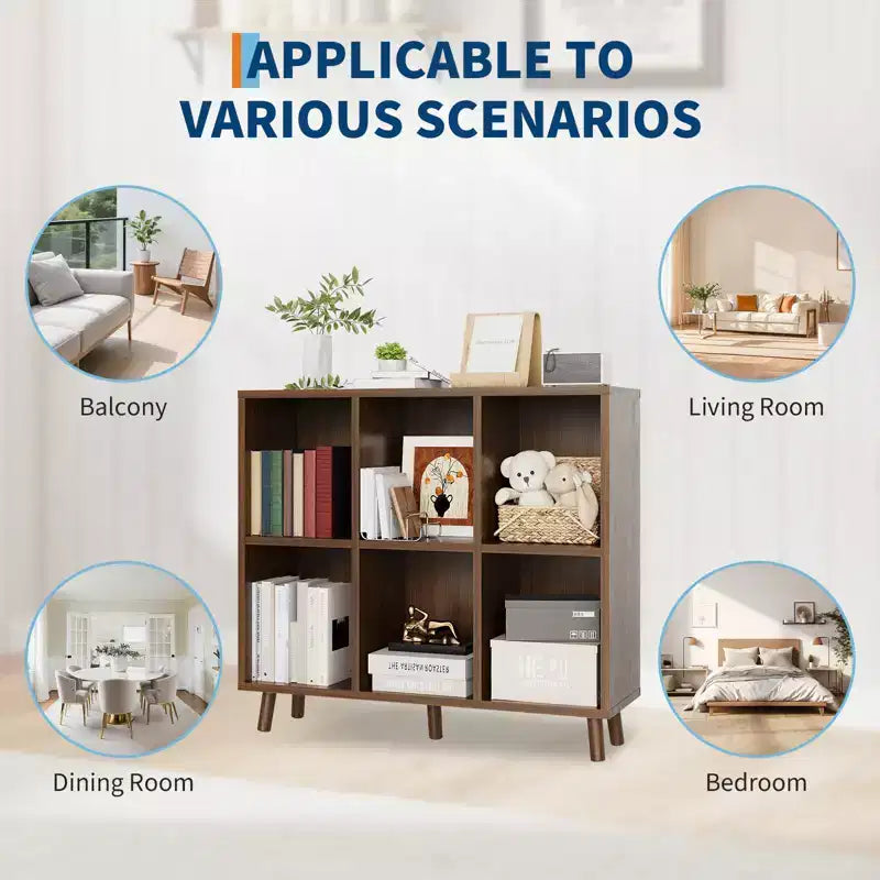 Modern 6-Cube Bookcase Organizer, Open Wood Bookshelf, Freestanding Storage Display Shelf, Space-Saving Design, for Home, Living Room, Bedroom