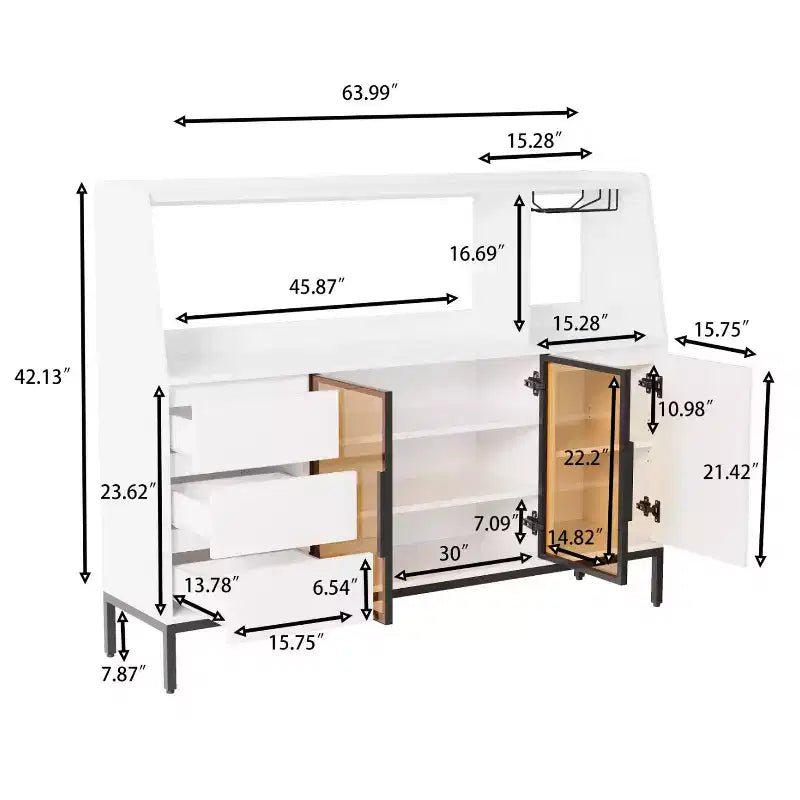 GDFStudio Pavel Modern 64 Wooden Buffet Storage Cabinet With Glass Doors, Cup Holder and 3 Drawers