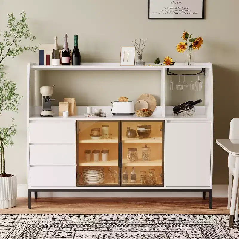 GDFStudio Pavel Modern 64 Wooden Buffet Storage Cabinet With Glass Doors, Cup Holder and 3 Drawers