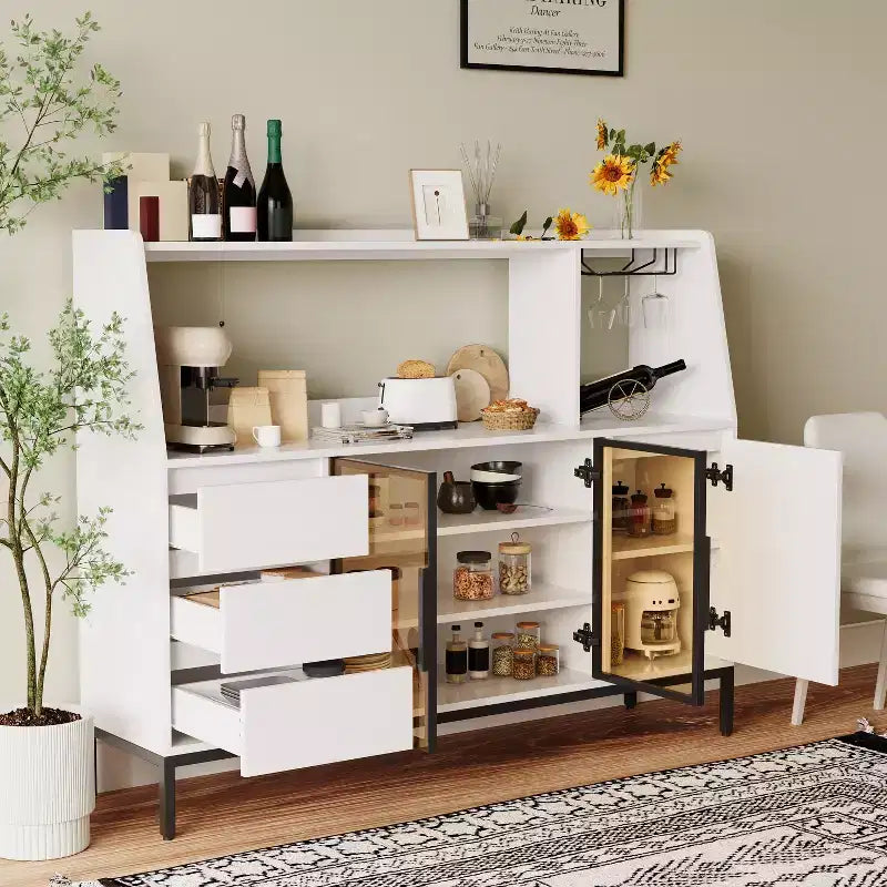 GDFStudio Pavel Modern 64 Wooden Buffet Storage Cabinet With Glass Doors, Cup Holder and 3 Drawers