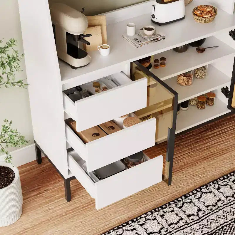 GDFStudio Pavel Modern 64 Wooden Buffet Storage Cabinet With Glass Doors, Cup Holder and 3 Drawers