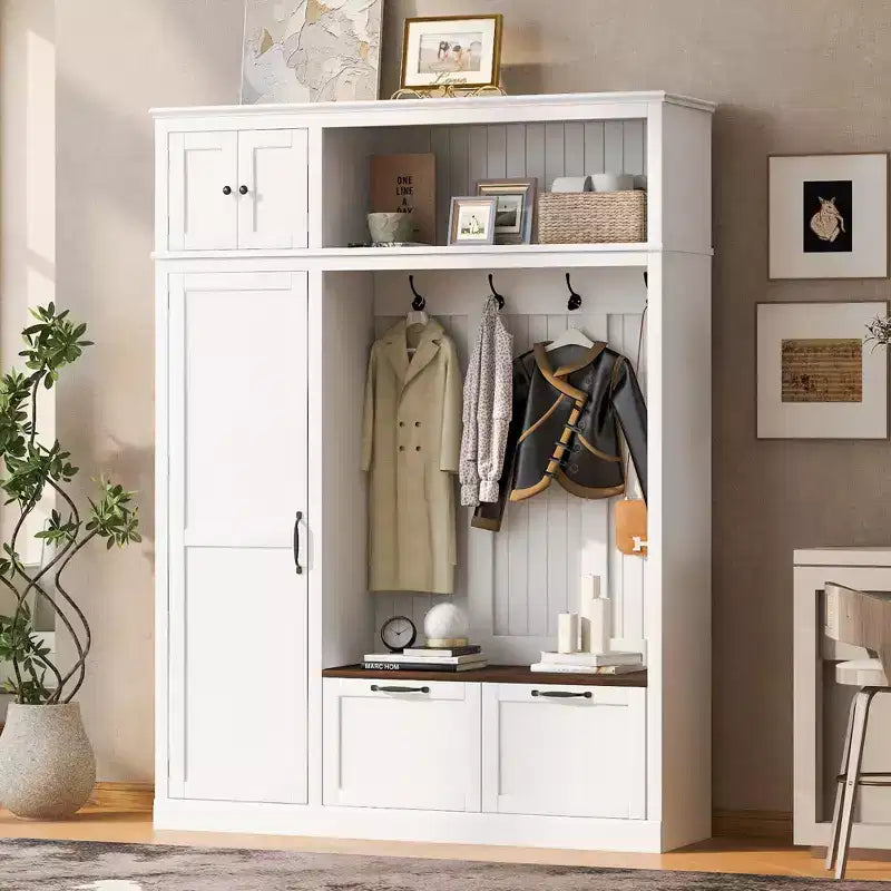 3-in-1 Hall Tree with Bench, Coat Rack with Storage Cabinet, Drawers & Hooks, Multifunctional Entryway Organizer - ModernLuxe