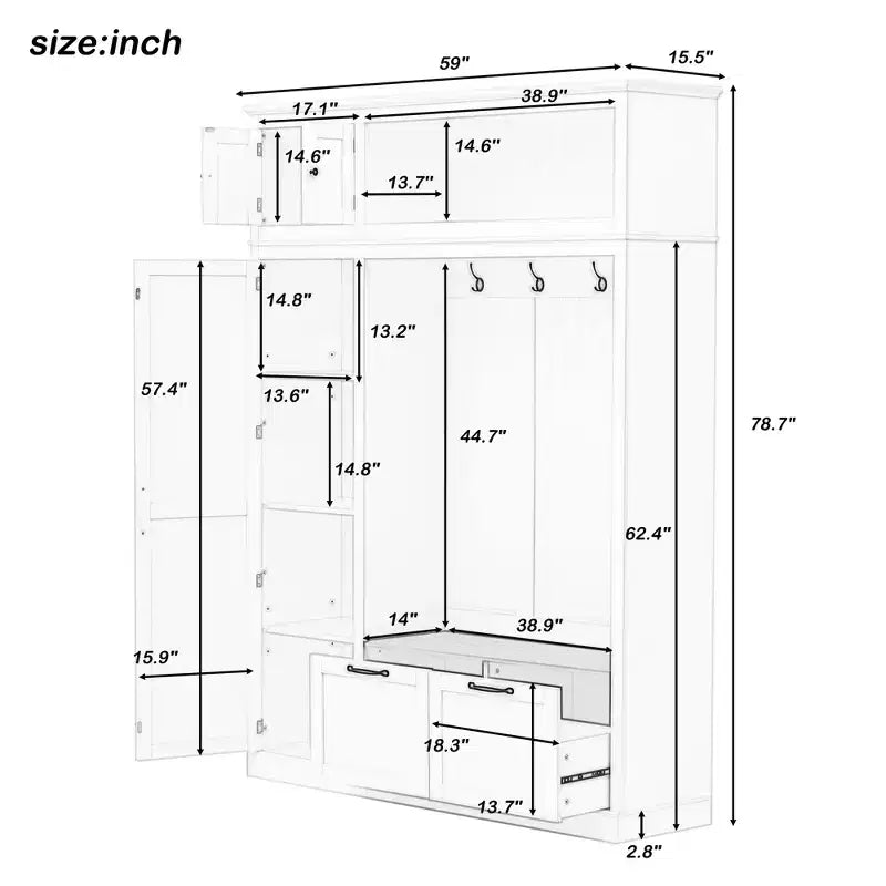 3-in-1 Hall Tree with Bench, Coat Rack with Storage Cabinet, Drawers & Hooks, Multifunctional Entryway Organizer - ModernLuxe