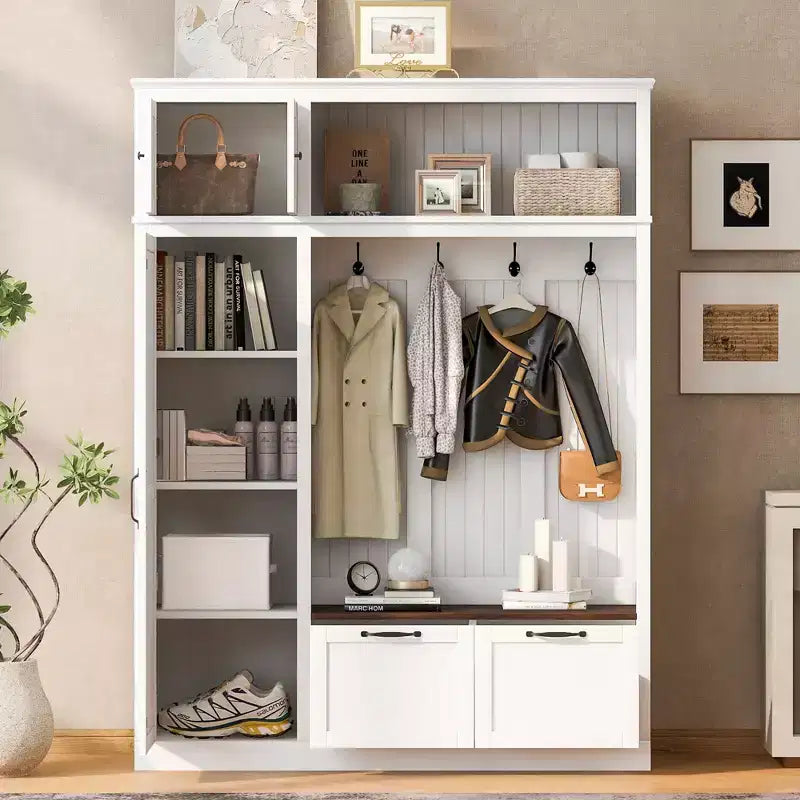 3-in-1 Hall Tree with Bench, Coat Rack with Storage Cabinet, Drawers & Hooks, Multifunctional Entryway Organizer - ModernLuxe