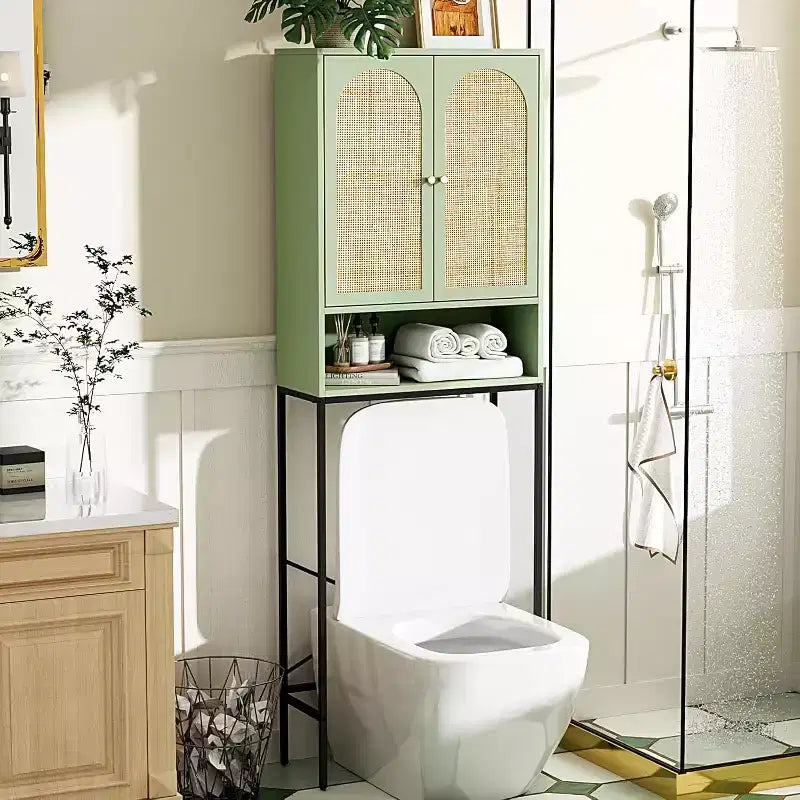 VINGLI Over The Toilet Storage Cabinet, Sage Green Bathroom Organizer Over Toilet with Arched Rattan Doors, Freestanding Space Saver Rack