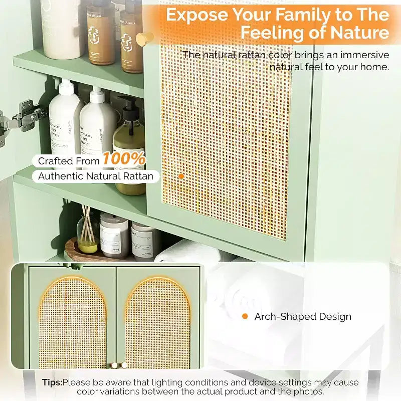 VINGLI Over The Toilet Storage Cabinet, Sage Green Bathroom Organizer Over Toilet with Arched Rattan Doors, Freestanding Space Saver Rack