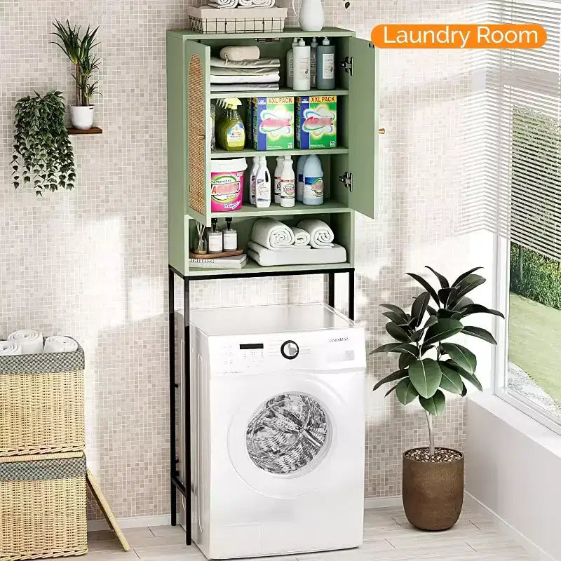 VINGLI Over The Toilet Storage Cabinet, Sage Green Bathroom Organizer Over Toilet with Arched Rattan Doors, Freestanding Space Saver Rack
