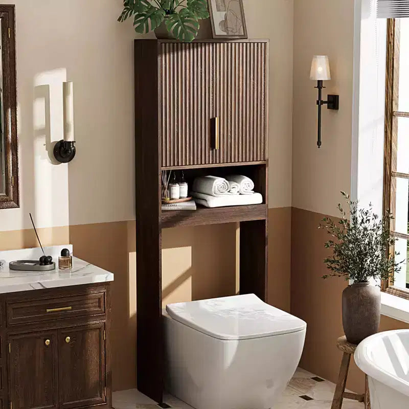 VINGLI Over The Toilet Storage Cabinet, Sage Green Bathroom Organizer Over Toilet with Arched Rattan Doors, Freestanding Space Saver Rack