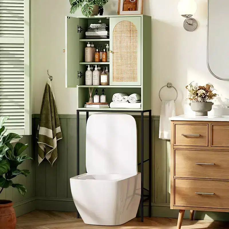 VINGLI Over The Toilet Storage Cabinet, Sage Green Bathroom Organizer Over Toilet with Arched Rattan Doors, Freestanding Space Saver Rack