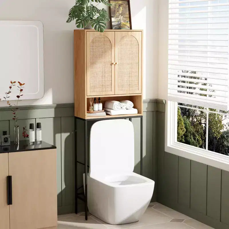 VINGLI Over The Toilet Storage Cabinet, Sage Green Bathroom Organizer Over Toilet with Arched Rattan Doors, Freestanding Space Saver Rack