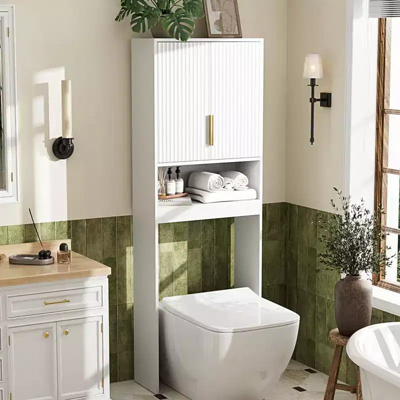 VINGLI Over The Toilet Storage Cabinet, Sage Green Bathroom Organizer Over Toilet with Arched Rattan Doors, Freestanding Space Saver Rack