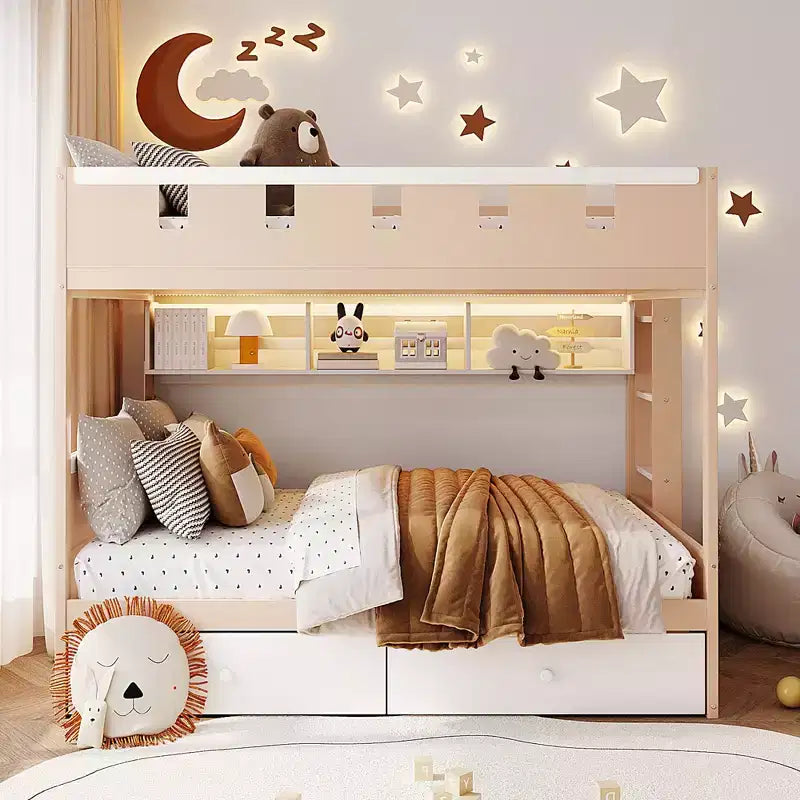 GDFStudio Rivera Castle Style Bunk Bed with 2 Drawers, Shelf and LED