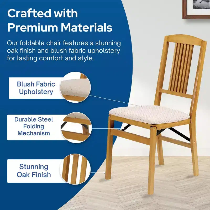 MECO Stakmore Wood Blush Fabric Upholstered Seat Folding Chair Set, Oak (2 Pack)