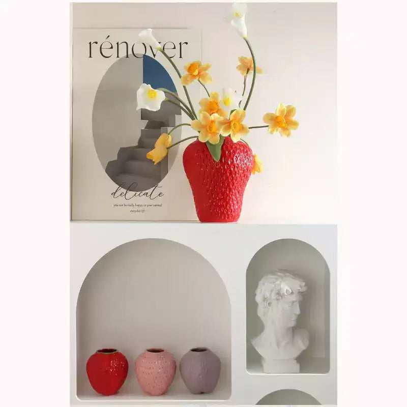 NotArt Hand-Painted Ceramic Strawberry Vase, Modern Minimalist Glazed Ornament for Hydroponic