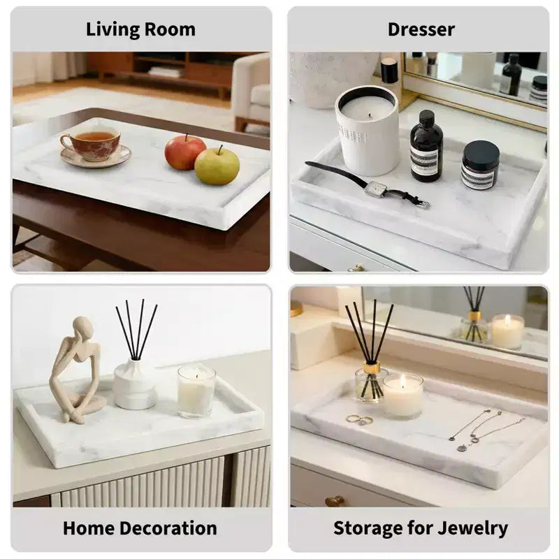 Élégant plateau de rangement à bijoux en marbre naturel, cadeau fête des mères, plateau en marbre véritable pour coiffeuse, salle de bain, décoration intérieure