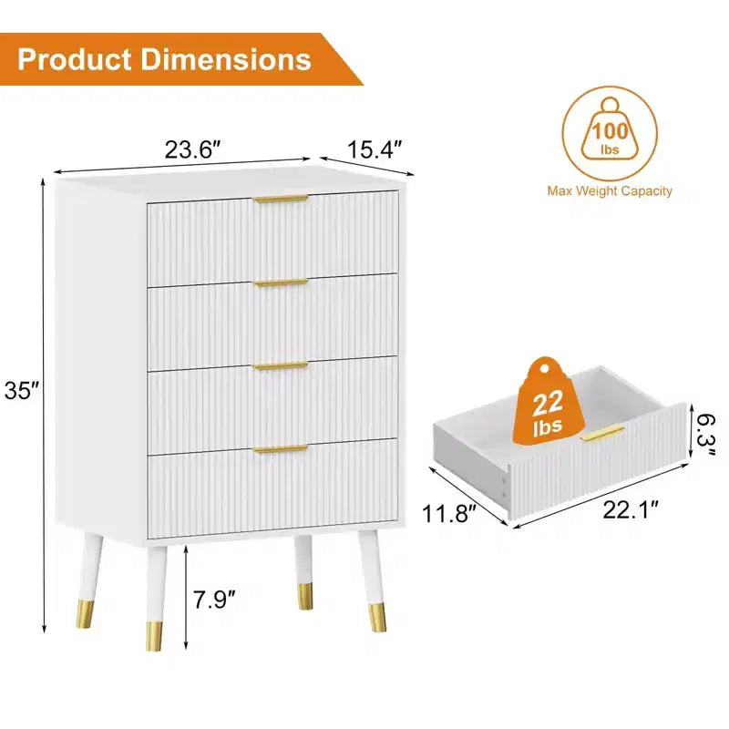 2 Pack 4 Drawer Dresser for Bedroom, Modern Wood Storage Chest, Metal Legs & Gold Handles, Water-Resistant Closet Organizer for Home