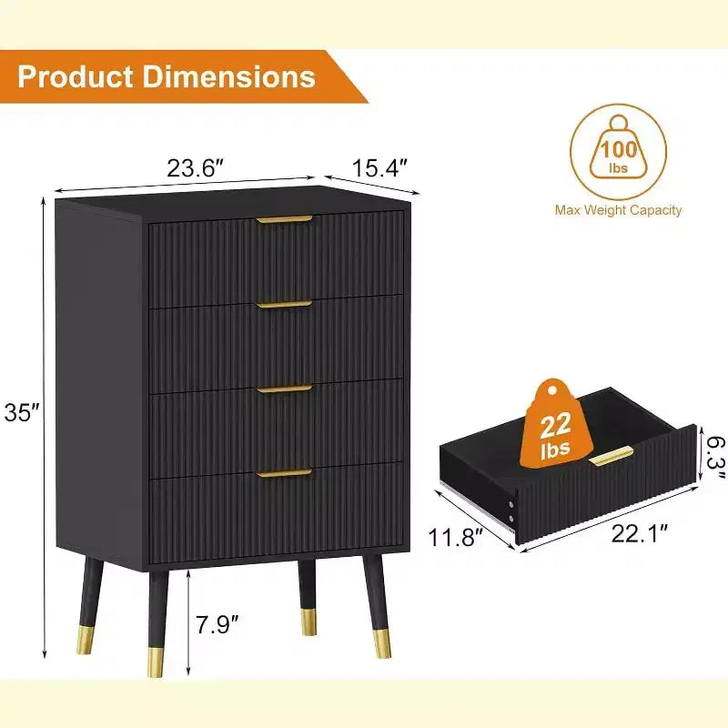 2 Pack 4 Drawer Dresser for Bedroom, Modern Wood Storage Chest, Metal Legs & Gold Handles, Water-Resistant Closet Organizer for Home