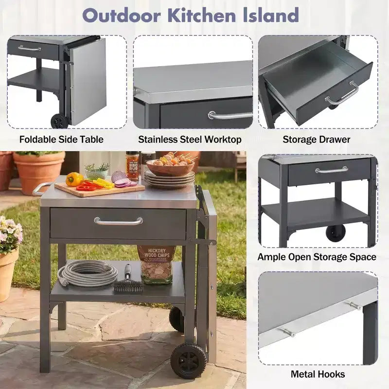 GDFStudio Mavis Outdoor Kitchen Cart Foldable Stainless Steel Prep Station with Wheels