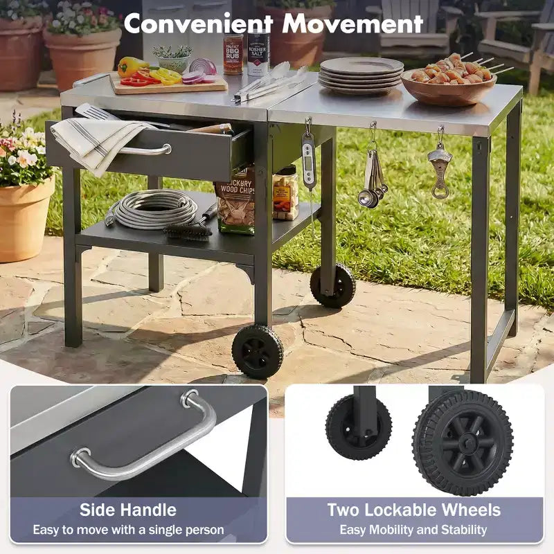 GDFStudio Mavis Outdoor Kitchen Cart Foldable Stainless Steel Prep Station with Wheels