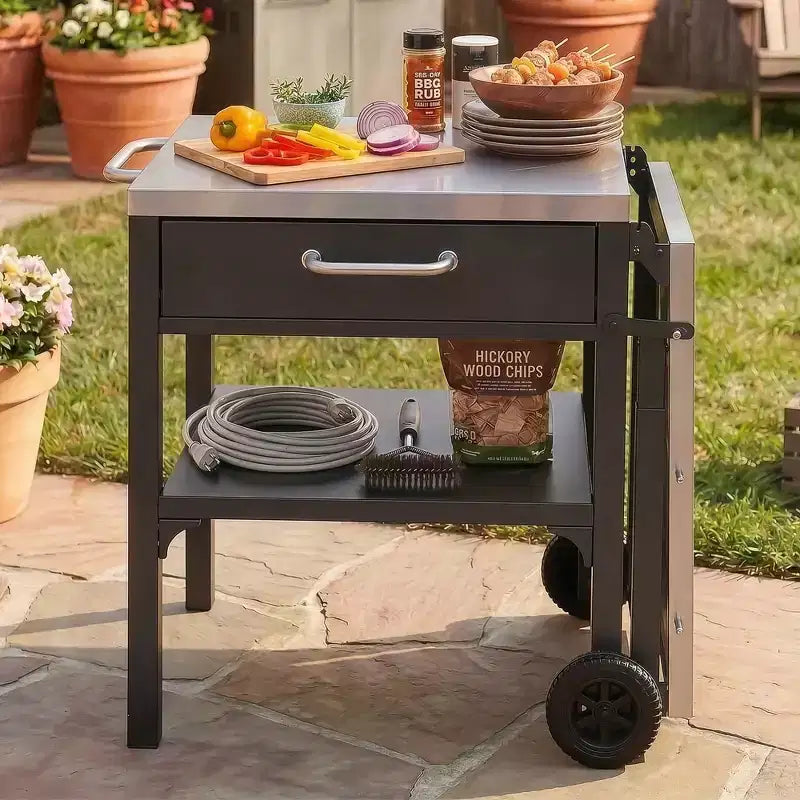 GDFStudio Mavis Outdoor Kitchen Cart Foldable Stainless Steel Prep Station with Wheels