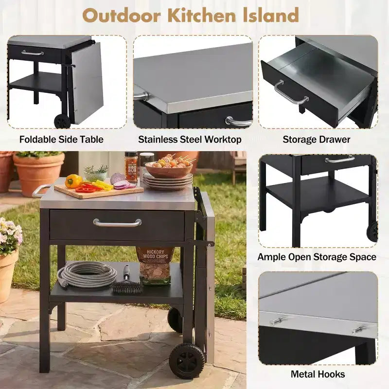 GDFStudio Mavis Outdoor Kitchen Cart Foldable Stainless Steel Prep Station with Wheels