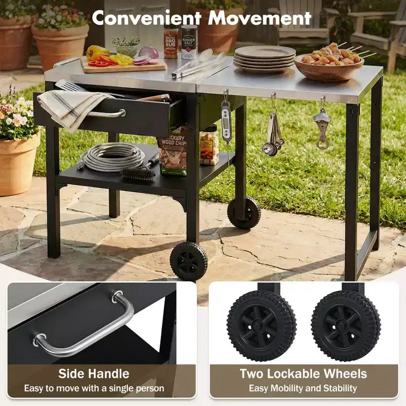 GDFStudio Mavis Outdoor Kitchen Cart Foldable Stainless Steel Prep Station with Wheels