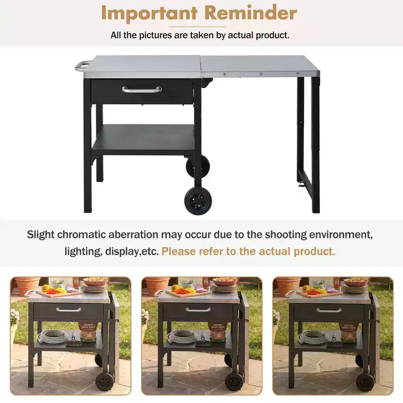 GDFStudio Mavis Outdoor Kitchen Cart Foldable Stainless Steel Prep Station with Wheels