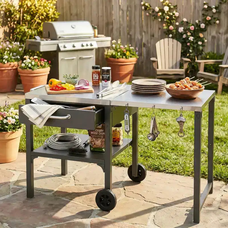 GDFStudio Mavis Outdoor Kitchen Cart Foldable Stainless Steel Prep Station with Wheels