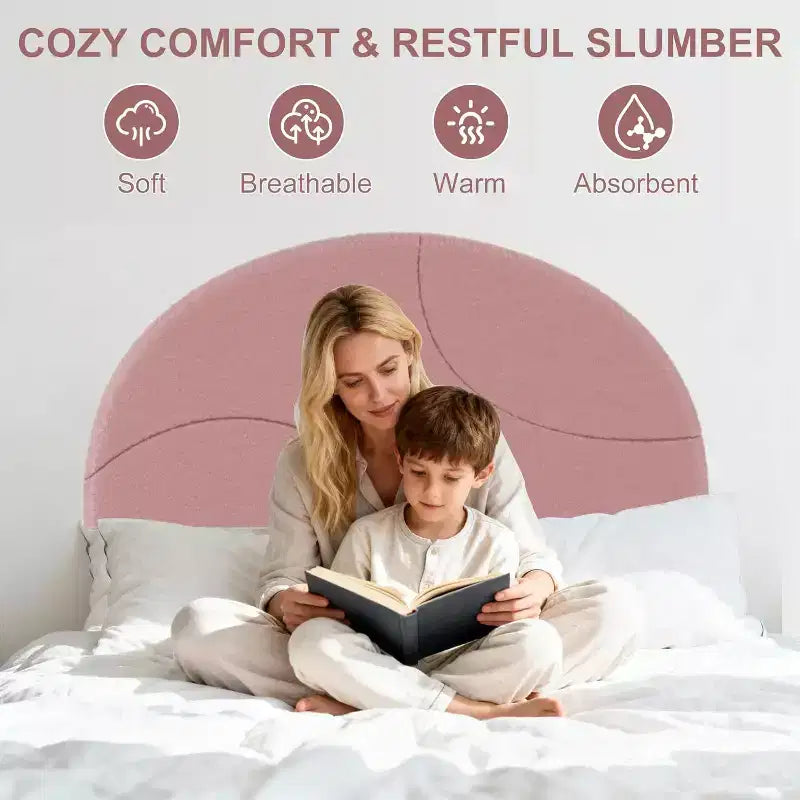 Twin Bed Frame with Upholstered Round Boucle Headboard, Arch-Shaped Design in Soft Pink and White, Modern Kids Bed with Wooden Slats