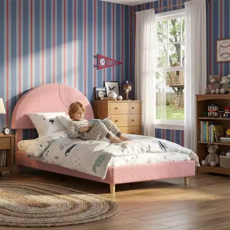 Twin Bed Frame with Upholstered Round Boucle Headboard, Arch-Shaped Design in Soft Pink and White, Modern Kids Bed with Wooden Slats
