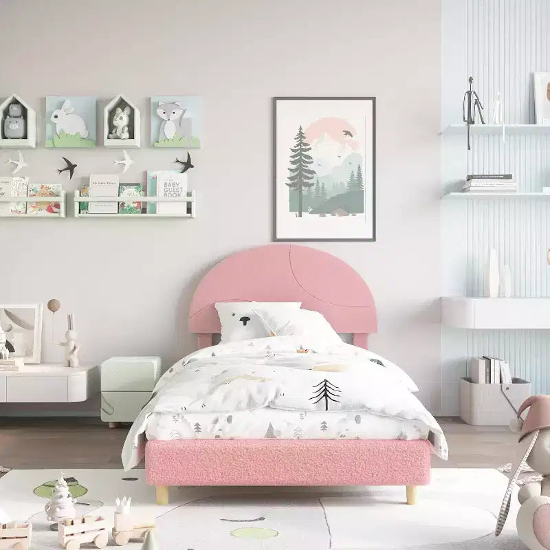 Twin Bed Frame with Upholstered Round Boucle Headboard, Arch-Shaped Design in Soft Pink and White, Modern Kids Bed with Wooden Slats