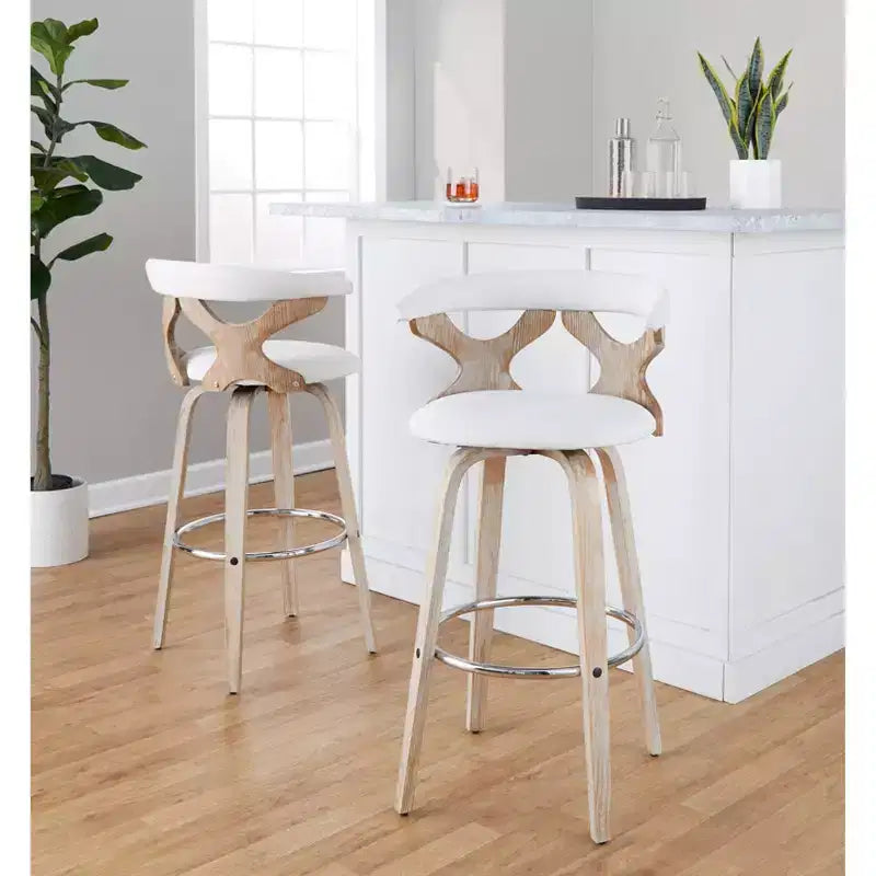 LumiSource Set of 2 Gardenia Barstools White Wash/Cream: Contemporary Swivel Bar Chairs with Back, Farmhouse Style